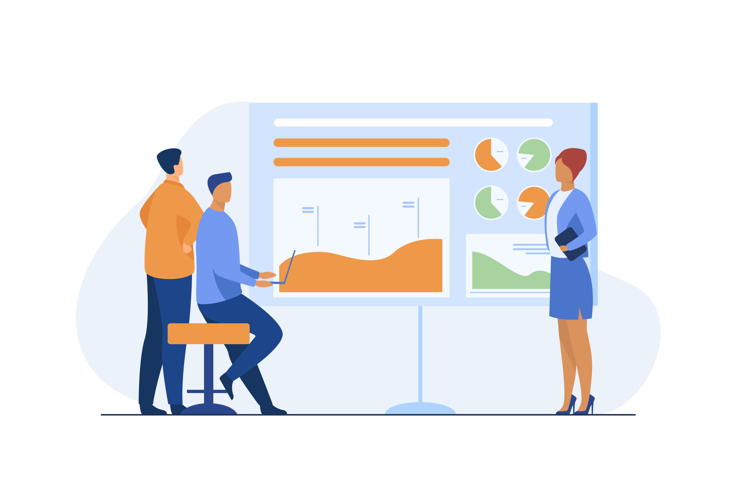 Manager presenting report to colleagues, partners, investors. Diagram, bar chart, graph flat vector illustration. Business presentation, analysis concept for banner, website design or landing web page