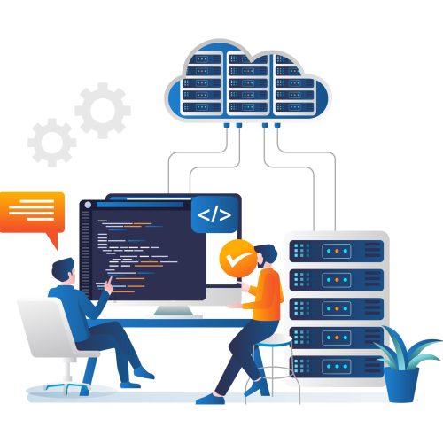 Isometric illustration concept Cloud server analyst programmer language